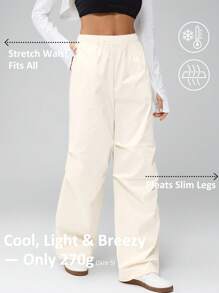 SHEIN Tall Women's Solid Color Elastic Waist Pleated Straight Leg Casual Pants, Ice Cool & Breathable,Suitable For Summer, Tall Women - Apricot - View 6