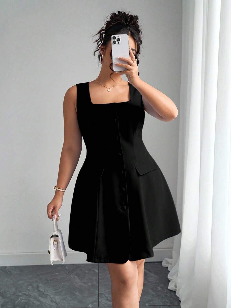 优雅女士蓝色方领纽扣开衫和高低裙连衣裙，带假口袋，加大码