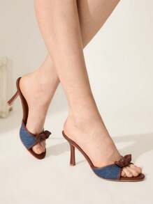 CUCCOO CHICEST Sandali con tacco a spillo e punta tonda con fiocco, eleganti e alla moda, con blocchi di colore in finta pelle e tessuto, slip-on con tacco alto per l'estate, per il tè, appuntamenti, vacanze, nei colori marrone e blu