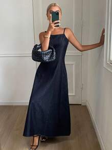 Livesso 西部牛仔纯色束腰露背细肩带连衣裙，休闲度假夏季女式牛仔连衣裙 - 藍色 - 查看 3