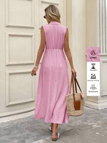 SHEIN LUNE Vải lanh cổ áo sơ mi trang trí màu mơ váy dài vừa phải cho phụ nữ, thích hợp cho mùa xuân/hè ngoài trời và đi làm - Hồng - Xem 5
