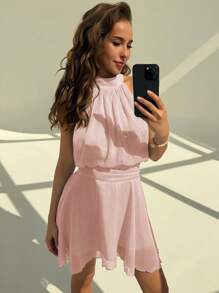 Aloruh Women Elegant Solid Color Halter Mini Dress, Summer - Baby Pink - View 2