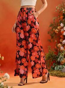 Oxana Frida Kahlo X SHEIN X Designer 满版花卉印花松紧腰口袋阔腿裤，适合夏季女士 - 彩色 - 查看 4