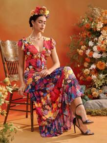 Redefinition Frida Kahlo X SHEIN X Designer Váy xếp lớp cổ chữ V in hoa tay lỡ xếp nếp cho kỳ nghỉ hè của phụ nữ - Nhiều màu - Xem 7