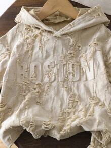 2pcs Toddler Boys Textured Fabric Set, Hooded Tee And Shorts, Distressed Fabric For Street Casual Style, Chest Graphic Print, School, Campus, College - Grey - View 8