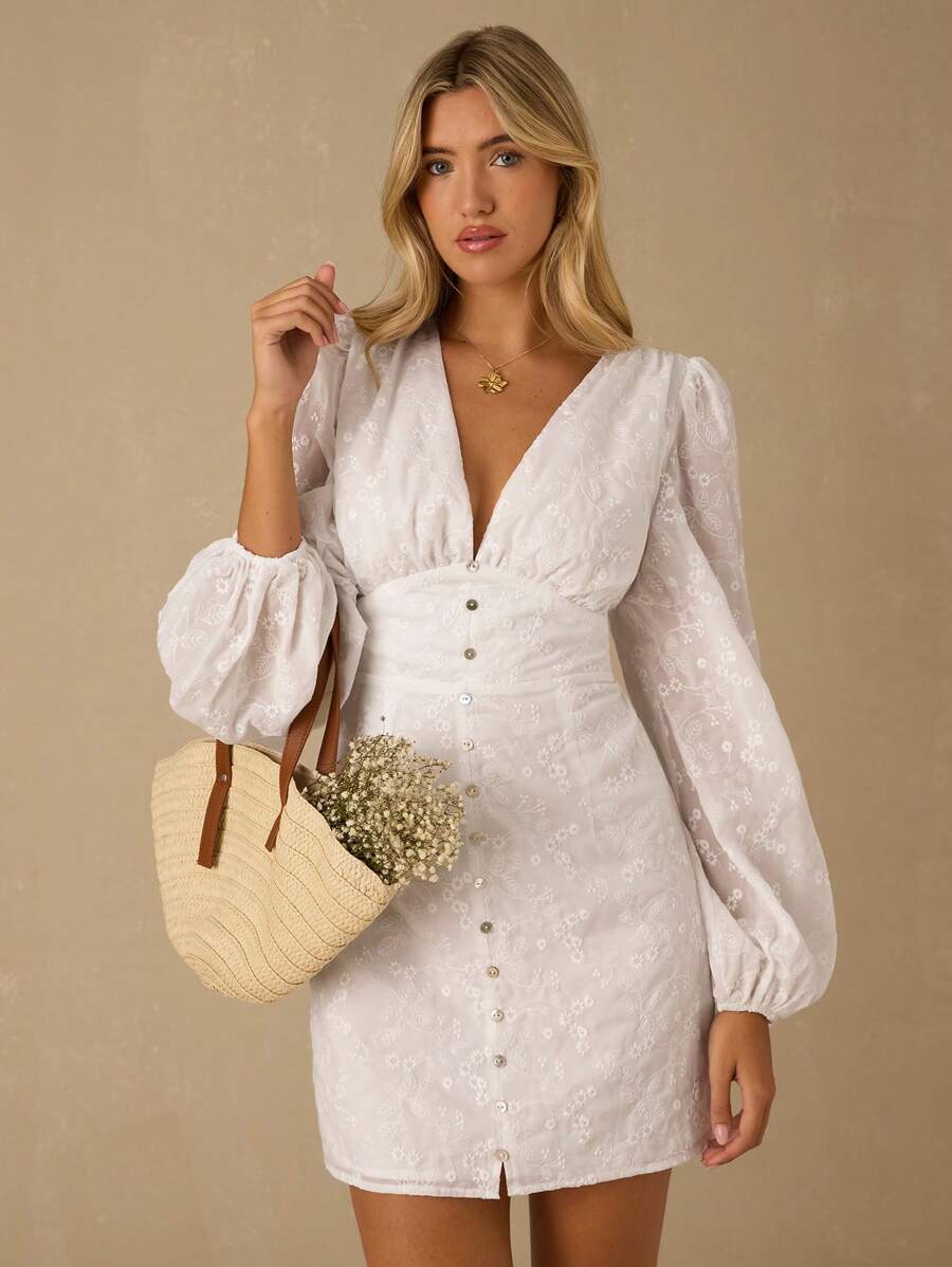 Enchnt 女式纯色深V领刺绣休闲长袖连衣裙 - 白色 - 查看 1