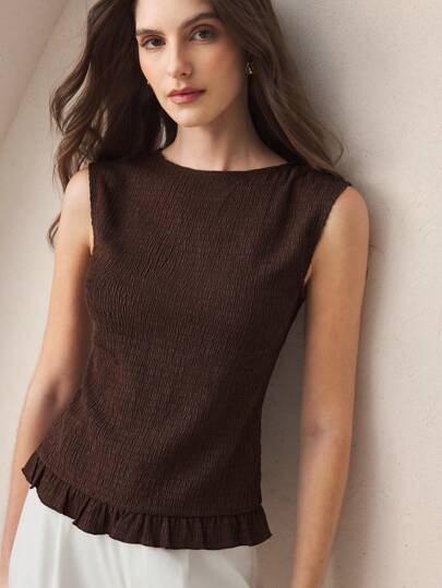 BizChic 女式圆领荷叶边下摆装饰吊带背心、都市通勤办公室商务休闲上衣、派对和正式场合衬衫