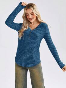 SHEIN LUNE Camiseta De Mujer A Rayas De Piqué De Color Liso Con Escote Con Botones