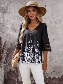SHEIN LUNE 女式度假衬衫 女式海滩装 女式商务休闲装 女式外出上衣 女式乡村音乐会外出上衣 女式夏装 可爱夏季上衣 女式夏季上衣 女式V领衬衫 女式花卉印花衬衫 透明袖上衣 女式黑白上衣 - 黑色 - 查看 5