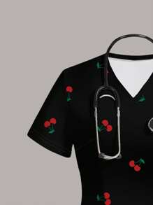 SHEIN Essnce Cherry Pattern Casual Women /Nursing Scrub Uniform Top, Suitable For Summer
