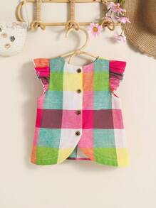 Young Girl Woven Plaid Ruffled Collar Casual Blouse - Multicolor - View 2