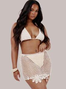 MUSERA Plus Size Crochet Fitted Mini Skirt Cover Up Swim, Holiday, Sexy, Cute - Apricot - View 5
