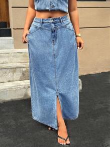 SHEIN ICON Plus Size Distressed Wash Blue Loose Slit Denim A-Line Skirt - Blue - View 4