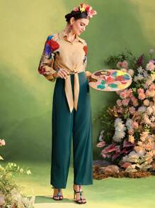 Redefinition Frida Kahlo X SHEIN X Designer Floral Print Tie Buttons Dropped Shoulder Shirts For Women Summer Vacation - Multicolor - View 5