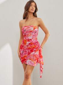 L'Amorae Vestido de verano mini con estampado floral, cuello de corpiño y fajín, para mujer - Multicolor - Ver 4