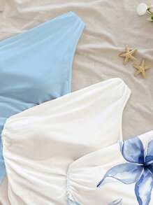 Soleia 3pcs Women Casual Ruched Asymmetric Hem Bodycon Top Set, Suitable For Summer, Holiday, Floral Print Suitable For Going Out - Blue - View 3