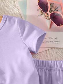 SHEIN Playful Pals Baby Girls Casual Fashion Everyday Round Neck Raglan Sleeve Bow Decor Pink T-Shirt & Elastic Waist Shorts Set Girls Clothes Set Teen Girl Shirts Rainbow Summer Sets Pride Baby Girl Clothes Elegant Baby Clothes For Girls Baby Girl Clothes Shirt Sets - Purple - View 5