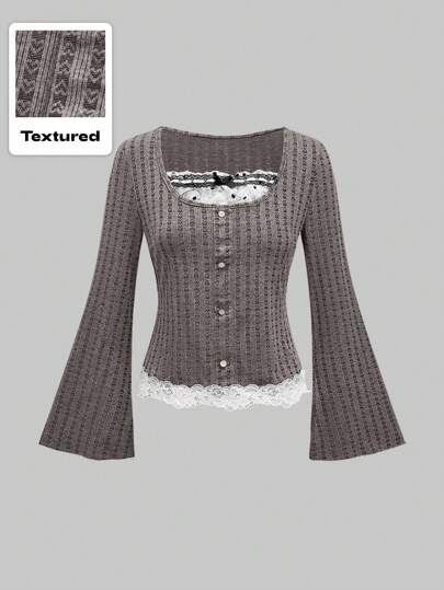 Kawaii Women's Contrast Lace Single-Breasted Flare Sleeve Casual T-Shirt