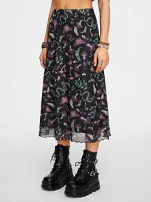 ROMWE Fairycore Women's Butterfly & Mushroom Print A-Line Fairycore Mini Skirt