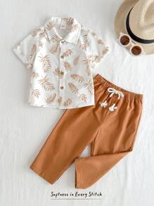 Cozy Pixies 2 Peças Conjunto de Bebê Menino com Top Cardigan de Manga Curta com Gola Polo, Estampa de Planta e Floral, e Calça Sólida de Cintura Elástica - Caqui - Visão 6