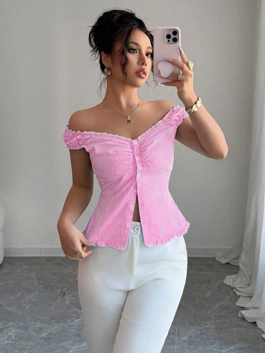 Elenzga 波西米亚风甜心领弹性腰部褶饰纽扣修身条纹女衬衫，春夏