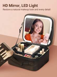 Teckwe Travel Makeup Bag With LED Mirror, Cosmetic Train Case With Light Up Mirror, Portable Makeup Artist Organizer Bag With Adjustable Dividers, Makeup Brush Holder Storage Y2K Fashion Makeup Cosmetic Party Beach Travel Camping Outdoors School Campus - Black - View 2