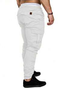 Manfinity Roughcore 男士纯色抽绳腰工装口袋休闲裤白色工装裤男款，秋季 - 白色 - 查看 2