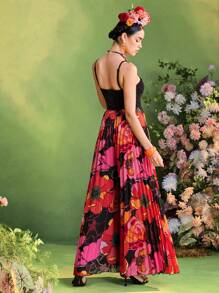 TIYA Frida Kahlo X SHEIN X Designer 正面扭花印花雪纺褶皱阔腿连体裤女装夏季服装 - 黑色 - 查看 2
