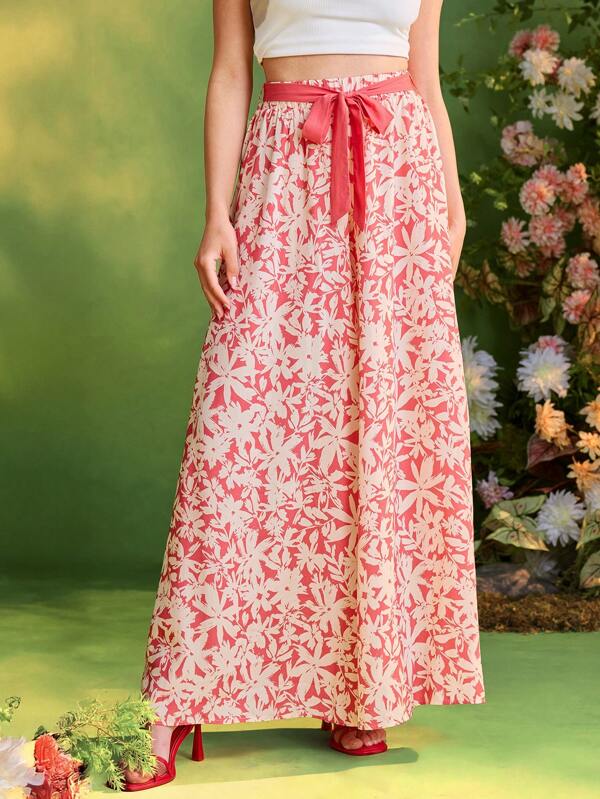 Frida Kahlo X SHEIN X Designer The Perfect Party Pantalones de pierna ancha de cintura alta con estampado floral para vacaciones de verano, playa y días festivos casuales