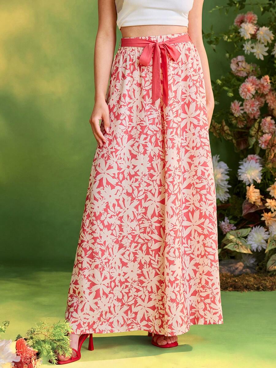 Frida Kahlo X SHEIN X Designer The Perfect Party Floral Print High Waist Belt Wide Leg Pants For Summer Vacation Beach Casual Holiday