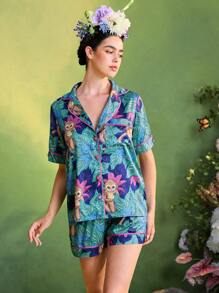 TIYA Frida Kahlo X SHEIN X Designer Summer Tropical Printed Satin Piping Casual Short Sleeve Button Up Top & Shorts Sets - Multicolor - View 4