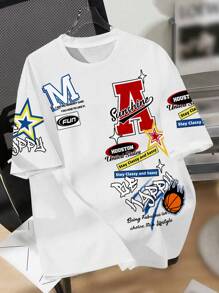 SHEIN Camiseta de manga corta con cuello redondo, estilo casual y clásico de moda urbana para adolescentes, con logo, gráfico de baloncesto y etiqueta, adecuada para el verano