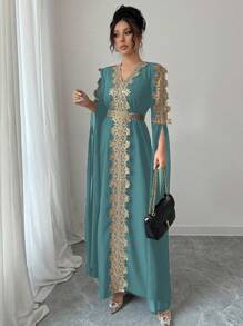 Chiquease Abaya stile mediorientale con patchwork, vestaglia con maniche extra lunghe per donna, vestito lungo con orlo in pizzo a tinta unita