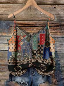 EMERY ROSE 加大码 V 领蕾丝拼接黑色花卉佩斯利印花吊带背心，优雅度假、约会、派对风格 - 彩色 - 查看 1