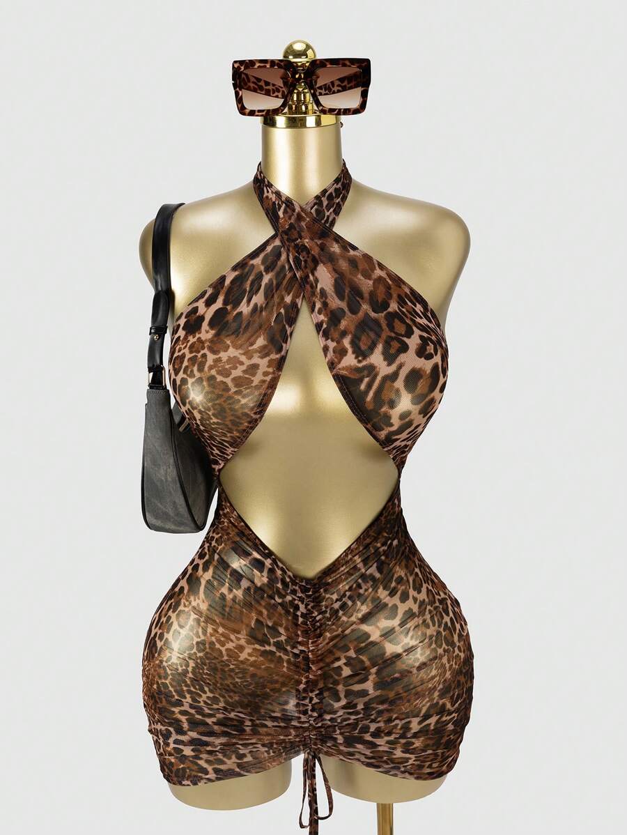 SHEIN SXY Sexy Sheer Leopard Print Hollow Out Halter Neck Mini Dress,Summer Outfits For Women,Cheetah Print,Mesh,Club Outfits Women Sexy,Going Out  ,Club Outfits,Streetwear Women