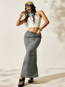 Easelle Plaid Design Drawstring Waist Casual Long Skirt For Women, Summer - Black and White - View 6