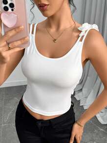 SHEIN Clasi Standard Size Women Design Floral Strap Slim Back Tank Top - White - View 3