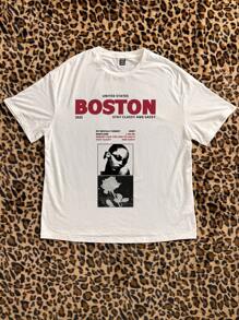 SHEIN EZwear 大码休闲简约复古黑白玫瑰图案女式圆领短袖宽松大码女式T恤 - 白色 - 查看 4