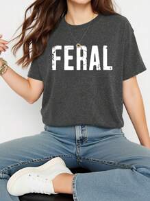 INAWLY Women T-Shirts Feral Baby Tee, 90s Baby Tee, Summer T-Shirt, Slogan Tees, 90s Style Tee, Women's Fitted Tee, Feral Saying T-Shirt, Gift For Best Friend, Girlfriend, Now, Fashion Tee Tops Shirts, Aesthetic T-Shirts, Siblings Gift, Gift For Sister, Funny T-Shirts - Grey - View 1