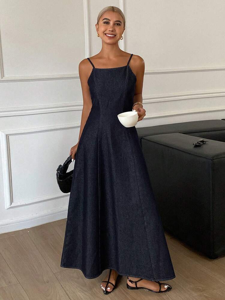 Western Cowgirl Solid Color Waist-Cinched Backless Spaghetti Strap Dress, Casual Resort Summer Women Denim Dress