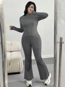 SHEIN EZwear 大码休闲轻便瑜伽夹克和喇叭裤套装，两件套女式灰色两件套长袖两件套女式两件套 - 灰色 - 查看 2