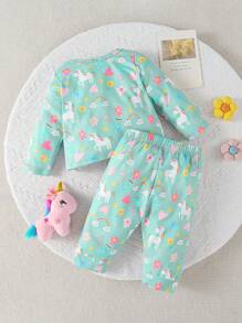 SHEIN Bộ đồ ngủ thường ngày 2 món họa tiết kỳ lân, cầu vồng, trái tim, hoa dễ thương cho bé gái màu xanh lá cây - màu xanh lá - Xem 2