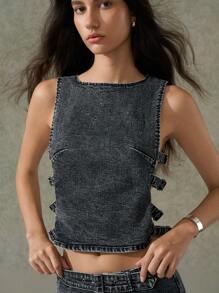 LYSMO 女士牛仔套装无袖圆领上衣和迷你裙，夏季时尚 - 藍色 - 查看 3