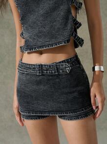 LYSMO 女士牛仔套装无袖圆领上衣和迷你裙，夏季时尚 - 藍色 - 查看 4