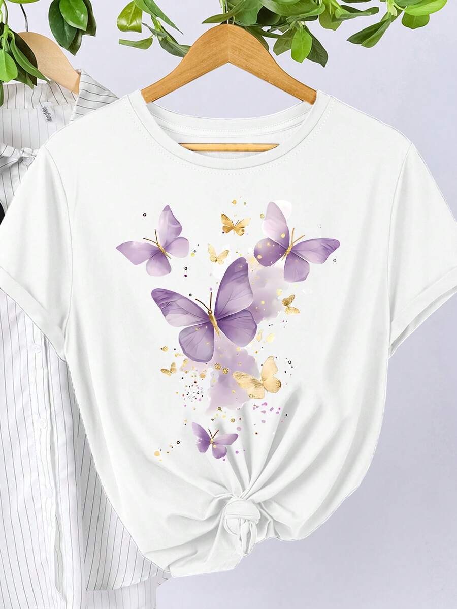 SHEIN LUNE Large-Sized Ladies' Round-Neck Short-Sleeved Butterfly Print T-Shirt, Simple And Fashionable - White - View 1