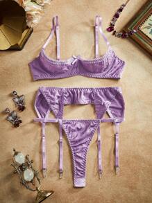 3pcs Vintage Romantic Jacquard Texture Cupless Sexy Lingerie Set, Lavender, Rave - Purple - View 6