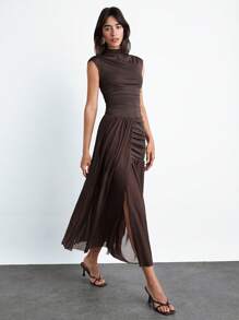 SHEIN X LOS FAVORITOS DE ANA GONZALEZ Maija Đầm nữ màu nâu mocha xếp lớp, phối lưới, kiểu dáng thời trang, thanh lịch, thích hợp cho tiệc tùng và đi làm trong thành phố, ra mắt mùa hè 2025. - màu nâu - Xem 1