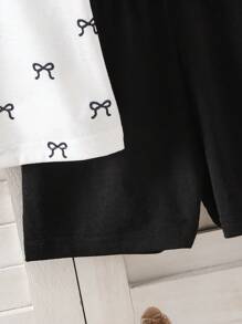 Baby Mädchen Koreanische Mode lässige süße Rundhalspulli mit Digitalprint und Schleife, dazu einfarbige gestrickte Shorts, Sommer