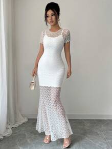 Elenzga Women's Summer Round Neck Short Sleeve Bodycon Maxi Dress Set, Mesh White Lace Maxi Dress & Camisole Mini Dress, Elegant For Dating, Party, Beach Vacation