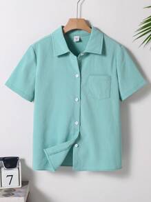 SHEIN Boys Loose Casual Textured Fabric Turndown Collar Open Front Real Pockets Design Shirt, Spring/Summer